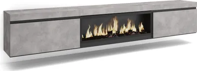 A long, modern TV cabinet with a built-in electric fireplace, presented against a white background.