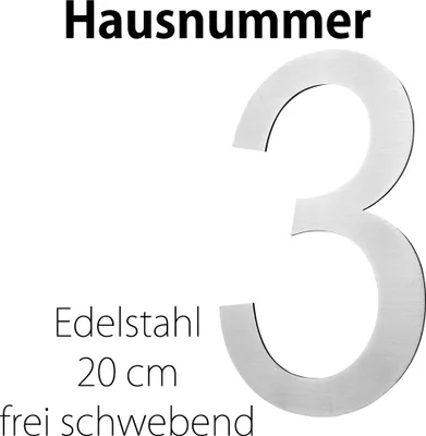 Produktbild von Edelstahl Hausnummer 20 cm Groß Gross Haus Nummer 3 Zahlen Hausnummernschild Hausnummern Schild Gebürstet 2D Arial V2Aox