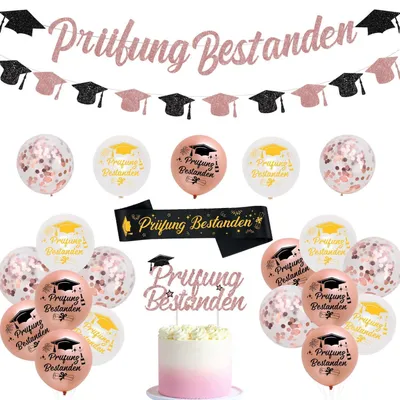 Productafbeelding van Decoratieset voor afstudeerfeest: slingers, ballonnen, lint, taartdecoratie, roze goud