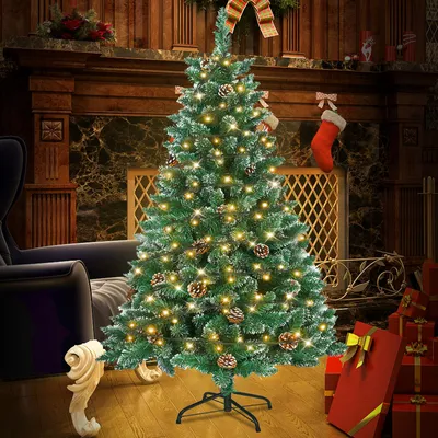 Produktbild von FIVMEN 150 cm Weihnachtsbaum Künstlich mit mit Warm Beleuchtung 180 LED PVC Tannenbaum Künstlicher Weihnachten Deko mit Schnee und Kiefernzapfen