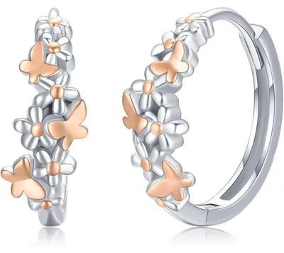 Immagine prodotto di Orecchini a cerchio in argento sterling 925, motivo fiori e farfalle, placcati in oro rosa, ipoallergenici, per donne e ragazze