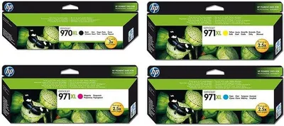 Four HP ink cartridge boxes arranged in a 2x2 grid.