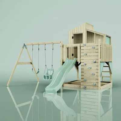 Produktbild von OutdoorToys Spielturm mit Spielhaus mit Wellenrutsche, Outdoor Klettergerüst Garten, Kletterwand und Kletterleiter, Ausführung: Babyschaukel, Farbe: Mintgrün, mit Babyschaukel