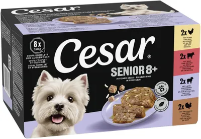 Produktbild von CESAR® Multipack Schale Senior 4 Varietäten Huhn & Reis, Lamm & Erbsen, Rind & Gemüse, Truthahn & Reis in Gelee 8 x 150g