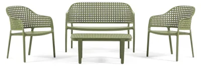 Immagine prodotto di Set da giardino composto da divano a 2 posti, 2 poltrone e tavolino in polipropilene impilabile rinforzato con fibra di vetro, robusto, per terrazza, balcone e piscina - Sirmione - Verde