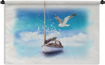 Produktbild von MuchoWow® Wandteppich Wandbehang Boot - Wasser - Möwe 120x80 cm Tapisserie Dekoration Wandtuch - Wanddekorationen - Wandtücher