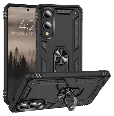 A black protective phone case with a ring holder is shown from multiple angles, with a phone screen visible in the background.