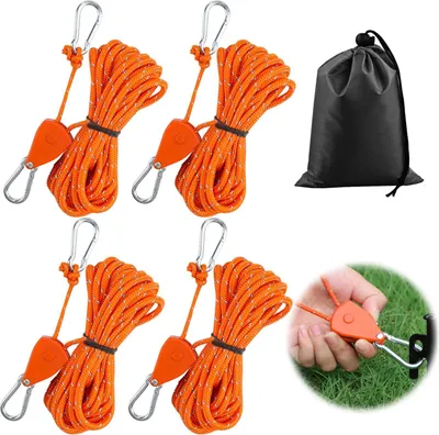 Produktbild von 4 Stück verstellbare Seilratschen mit 4m Abspannseilen und Aufbewahrungstasche, reflektierende Zeltschnüre (Orange)