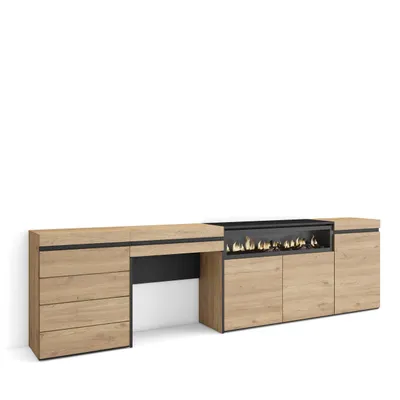 Produktbild von Sideboard, Kommode, 277x35x75 cm, Für Schlafzimmer, Zimmer, Elektrokamin., Kommode mit Schubladen, Schminktisch, Eiche farbe