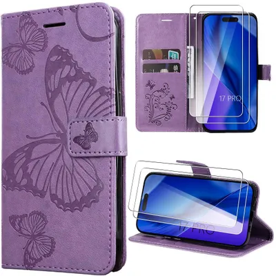 Image de Coque + 2 Verres Trempés pour iPhone 17 Pro, Protection Anti-Rayures Synthécuir Violet Motif Papillon
