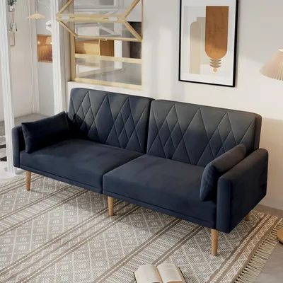 Produktbild von STILVORA Schlafsofa mit 2 Kissen und verstellbare Rückenlehne,Zweisitzer mit Schlaffunktion und Hilfsfuß,Klappsofa aus Samtstoff,Schwarz