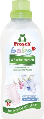 A bottle of Frosch Baby fabric softener on a white background, with illustrations of baby clothes on a clothesline.