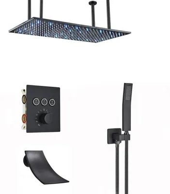 Obrázek produktu pro LED sprchová hlavice – obdélníková, třícestná – 40–80 cm – nerezová ocel – montáž na stěnu – černá barva