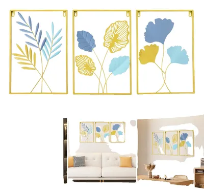 Image de Décorations murales, fer, 30 cm x 43 cm x 0,1 cm, lot de 3, motif feuille de ginkgo, finition dorée