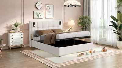 Productafbeelding van Tweepersoonsbed 160x200 cm, beige fluweel, met hydraulische opbergruimte en een gestikte hoofdbord met geïntegreerde leeslampen