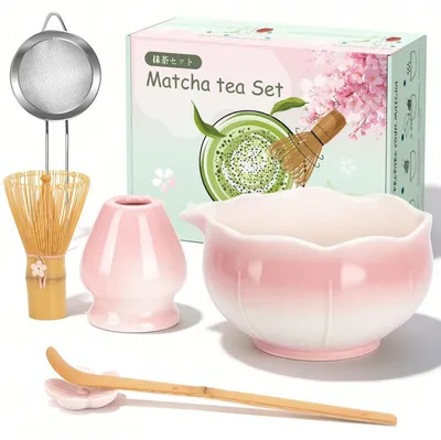 Produktbild von Matcha Besen Set Rosa mit Schale, Bambus Besen, Halter, Sieb und Löffel