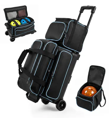 Produktbild von Bowlingtaschen-Set - Rolltasche mit Mini-Bowlingtasche - Für 3 Bowlingkugeln - Schuhfach bis Größe 51 - Teleskopgriff bis 101,6 cm - 600D Oxford-Gewebe - Blau-Schwarz