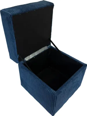 An open storage ottoman with a hinged lid.