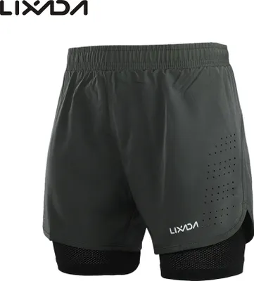 Produktbild von Lixada 2 in 1 Laufshorts für Herren, Leichtathletik-Shorts, Marathon Fitness-Shorts, atmungsaktive + schnelltrocknende Hose (Dunkelgrau  Größe: M)
