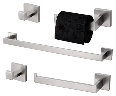 Produktbild von 5-teiliges Badezimmer-Zubehörset, Handtuchstange, Haken, Toilettenpapierhalter, Handtuchring, zur Wandmontage (Gebürstetes Silber)