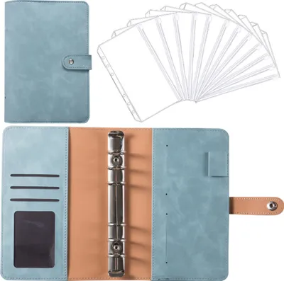 Produktbild von Notebook Binder Budgetplaner Binder Cover mit 12 Stück Bindetasche Persönliches Bargeld Budget Umschläge System 6-Loch Bindemappe,Retro Cyan