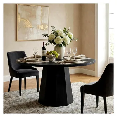 Produktbild von Esstisch 118 cm, Säulentisch, Holztisch, Esszimmertisch für 4 Personen, moderner Esstisch, platzsparender Küchentisch, 118 x 118 x 76 cm, Schwarz