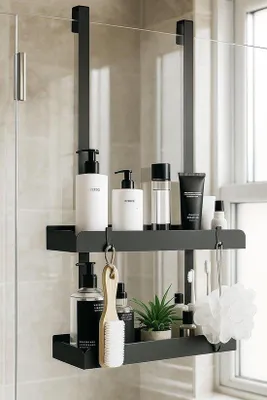 Produktbild von Famanu Duschregal mit 2 Ebenen - Badezimmer Organizer aus Edelstahl mit 4 Haken