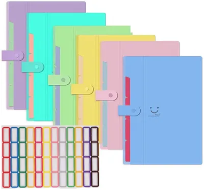 Produktbild von 6 erweiterbare A4-Ordner, Dokumentenmappen mit 5 Fächern, Dokumentenorganizer, erweiterbarer Ordner mit 64 Ordneretiketten für Schule und Büro