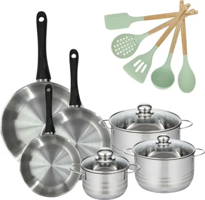 Image de Batterie de cuisine avec 3 faitouts 16/20/24 cm et 3 poêles 20/24/28 cm avec 5 ustensiles de cuisine Fackelmann Généva Brillant Ocean