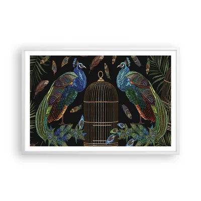 Produktbild von Gerahmtes Poster - Weißer Rahmen - Pfauen Gold Käfig - 91,5x61 cm - Wand Bild - Wanddeko - Wandbilder - Kunstposter - Wandposter - Bilderrahmen - Bilder - Kunstdruck - Wanddekoration - P2WAA91x61-4390