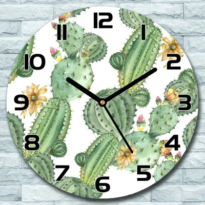 Produktbild von Wanduhr aus Glas Rund fi 30 Kakteen mit Blumen Quarz Deko Schlafzimmer Büro