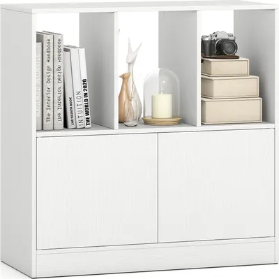 Imagen del producto de Estantería de 3 niveles de COSTWAY con 2 puertas, estantería modular con compartimentos y armario para libros, estantería de pie de madera para colocar en el salón, color blanco