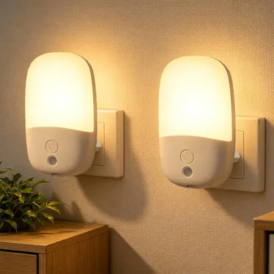 Zdjęcie produktu dla 2 sztuki lampki nocnej do gniazdka, z czujnikiem zmierzchu, możliwość regulacji jasności, 3 tryby, barwa światła: ciepła biel (2700K)
