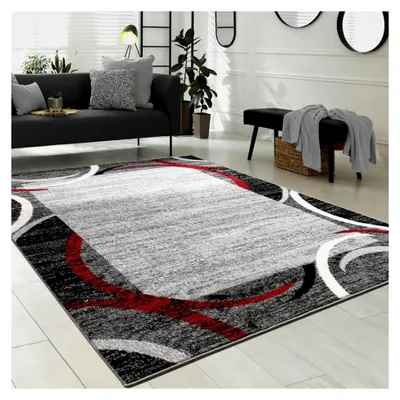 Produktbild von Teppich für das Wohnzimmer mit Bordüre, Kurzflor, meliert in Grau, Schwarz und Rot, Größe: 120x170 cm