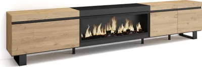 A long, modern TV cabinet with a built-in electric fireplace, made of wood and black metal.