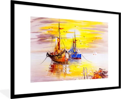 Produktbild von MuchoWow® Gerahmtes Poster Malerei - Boot - Wasser - Ölfarbe 90x60 cm - Poster mit Schwarzem Bilderrahmen Wandposter Rahmen Foto Bilder - Wanddekoration - Fotos
