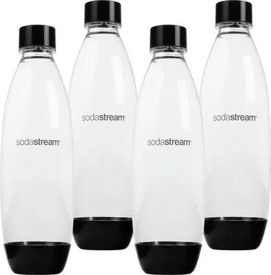 Four clear SodaStream bottles with black bases and caps are arranged in a row against a white background.
