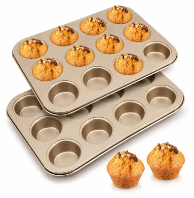 Produktbild von 12 Tassen Mini-Muffinform 2er-Set, Antihaft-Kohlenstoffstahl-Mini-Cupcake-Backblech, Kleine Muffinform Für Mini-Cupcakes, Brownies(Gold)