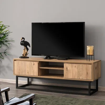 Image de Meuble TV Banc TV Bois MDF mélaminé Pin et Noir avec pieds Métal L 140 cm Industriel