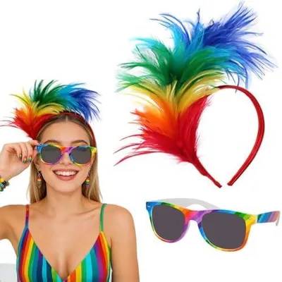Produktbild von Buntes Federstirnband mit Regenbogenbrille für Karneval, lustige Kopfbedeckung, Haarschmuck, Party, Kopfschmuck und Ostern