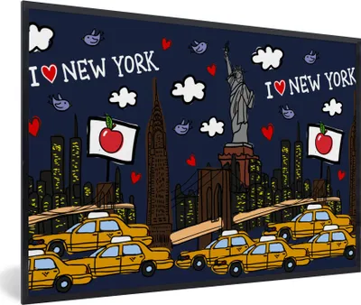 Produktbild von MuchoWow® MuchoWow® Gerahmtes Poster New York - Taxi - Freiheitsstatue 30x20 cm - Poster mit zchwarzem Bilderrahmen - Kunstdruck - Bild-Poster