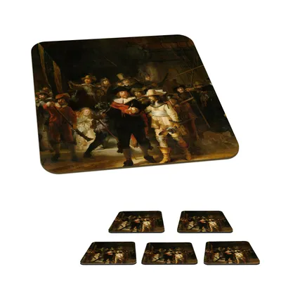 Produktbild von KitchenYeah® Glasuntersetzer Quadratisch 6er Set Die Nachtwache - Gemälde von Rembrandt van Rijn 10x10 cm Untersetzer für Gläser - Getränkeuntersetzer - Tischplattenschutz - Tischuntersetzer für Tass