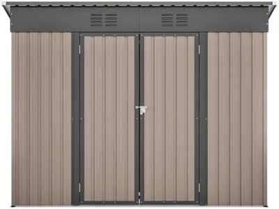 Imagen del producto de Caseta de jardín de metal, color marrón, 242x126x182 cm – Armario de jardín resistente a la intemperie, con cerradura, anticorrosivo, con techo inclinado y ventilación – Estructura de base para jardín, terraza, bicicletas