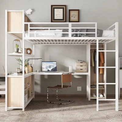 Produktbild von MODFU Hochbett Eisenbett 140x200 Jugendbett ohne Matratze, mit Stauraum unter Schreibtisch, Bettgestell mit Kleiderschrank und Ablagen, Weiß