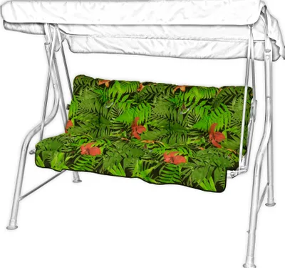 A white garden swing with a tropical leaf and flower patterned cushion.