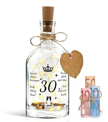 LED-Glasflasche 30. Geburtstag mit Deckel, leuchtend, Geschenk