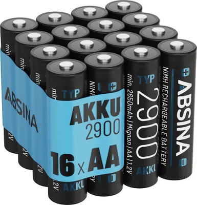 Produktbild von ABSINA 16x Akku AA wiederaufladbar 2900 - NiMH AA Akkus mit 1,2V & min. 2650mAh - Aufladbare Batterien AA