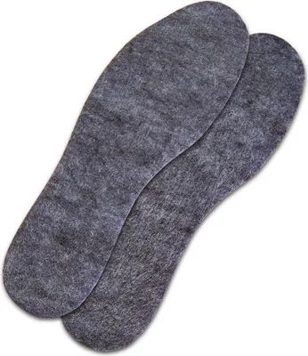 A pair of gray felt shoe insoles are shown against a white background.