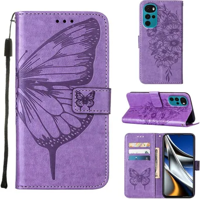 Produktbild von Moto G22 Hülle, Schmetterling Prägung Flip Leder Kartenfächer Schutzhülle Ledertasche mit Ständer für Motorola Moto G22 Violett