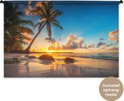 Produktbild von MuchoWow® Wandteppich Wandbehang Strand - Meer - Palme - Sonnenuntergang 150x100 cm Tapisserie Dekoration Wandtuch - Waschbar - Tapisserien - Wand-Decke
